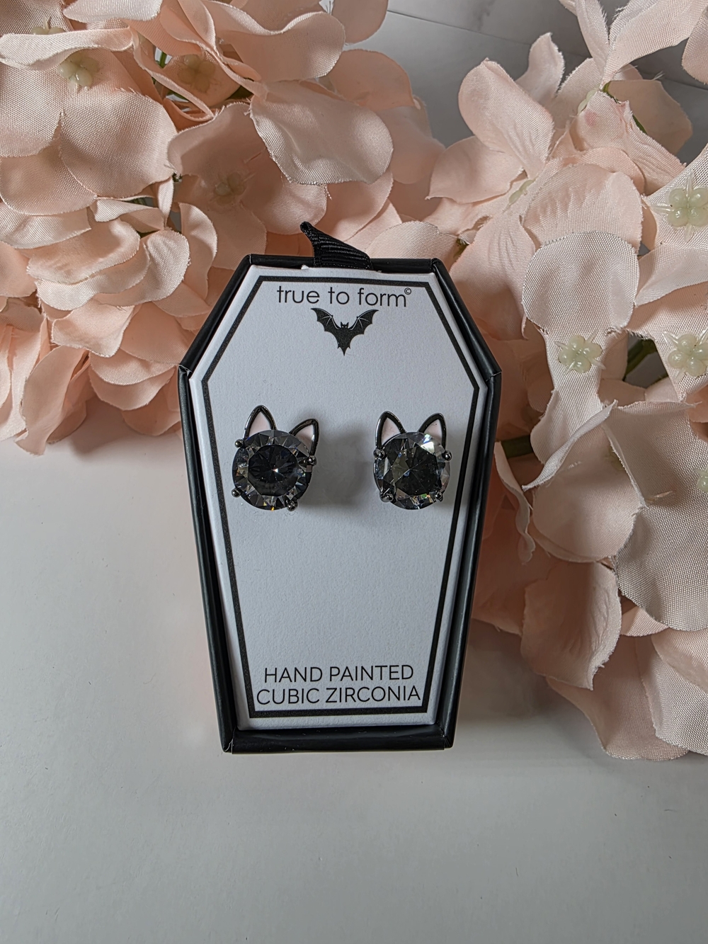 True to Form - Black Cat Ear Stud Earrings with Clear Cubic Zirconia Center